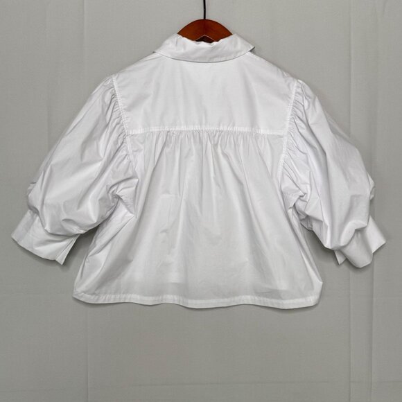 ZARA Collection 100% Cotton Poplin Ballon Puff Sleeve Spread Collar Blouse Large - Picture 9 of 15
